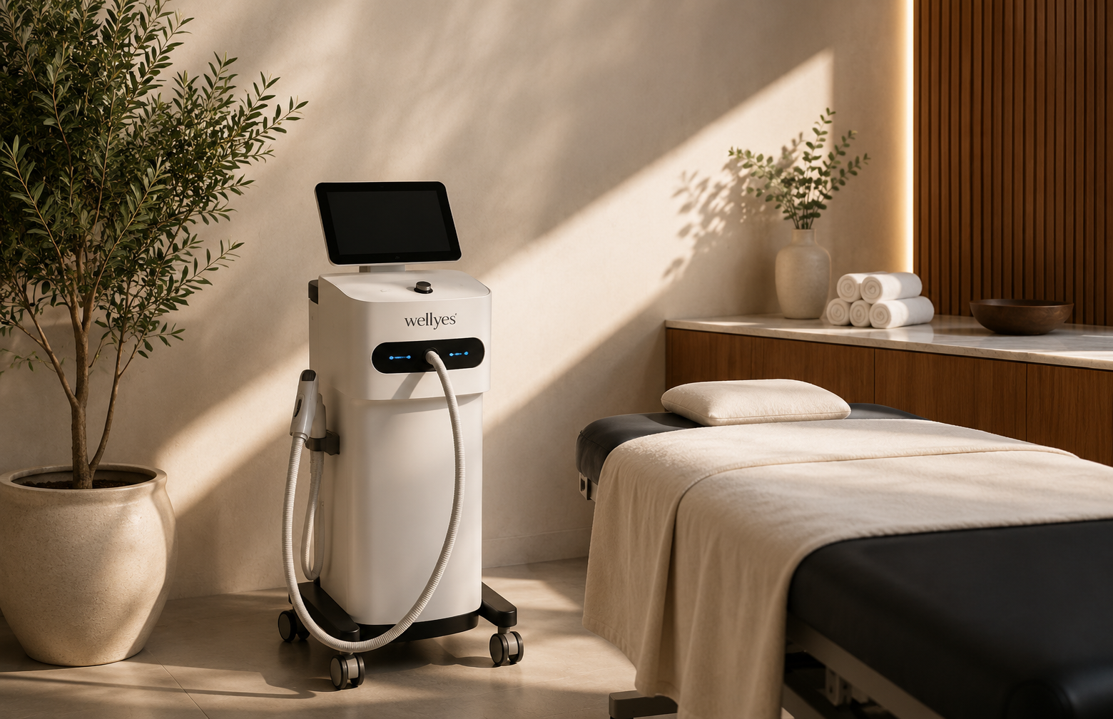 Wellyes treatment device in a calm, sunlit treatment room beside a treatment bed