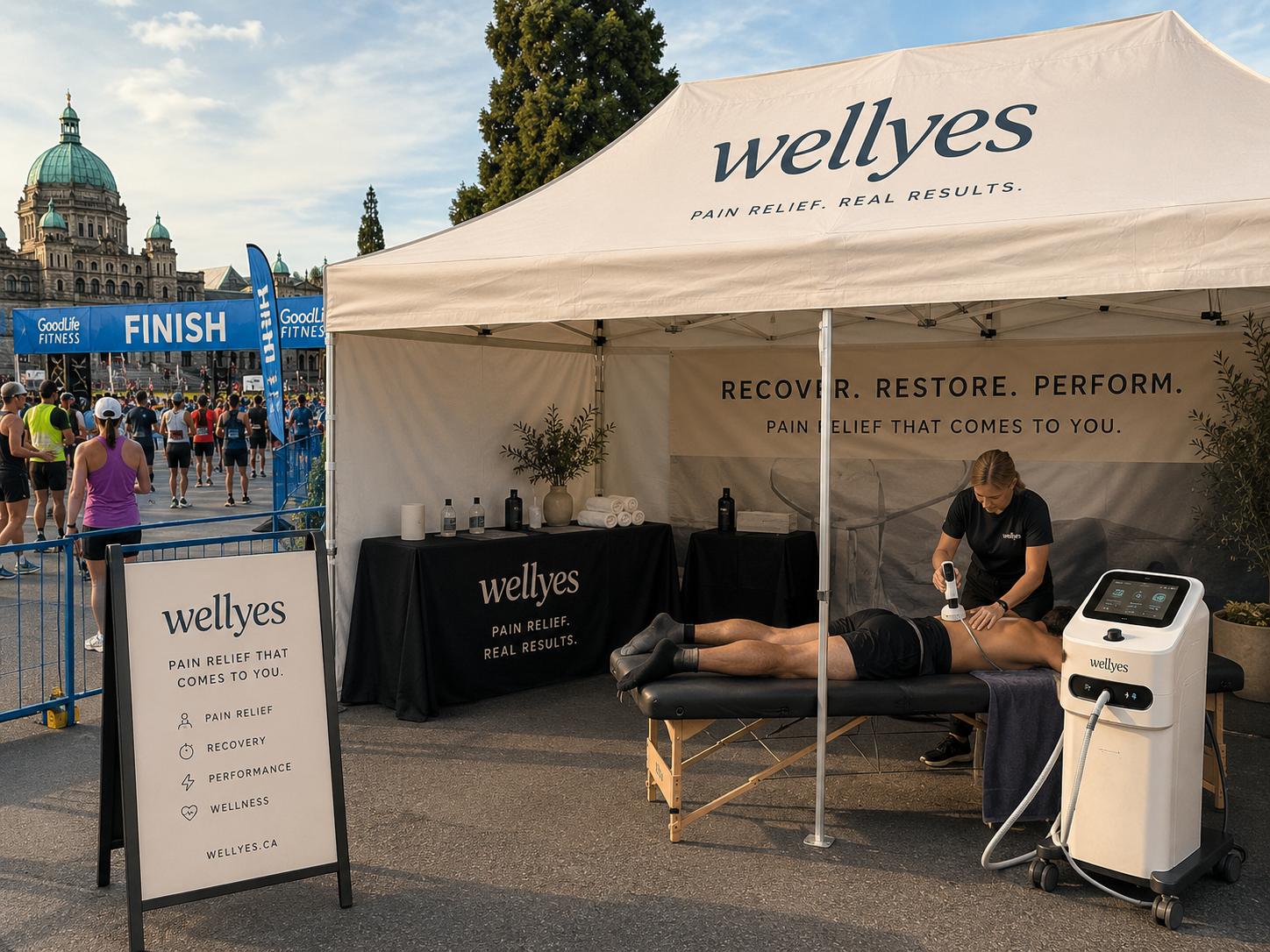 Wellyes treatment device in a calm, sunlit treatment room beside a treatment bed